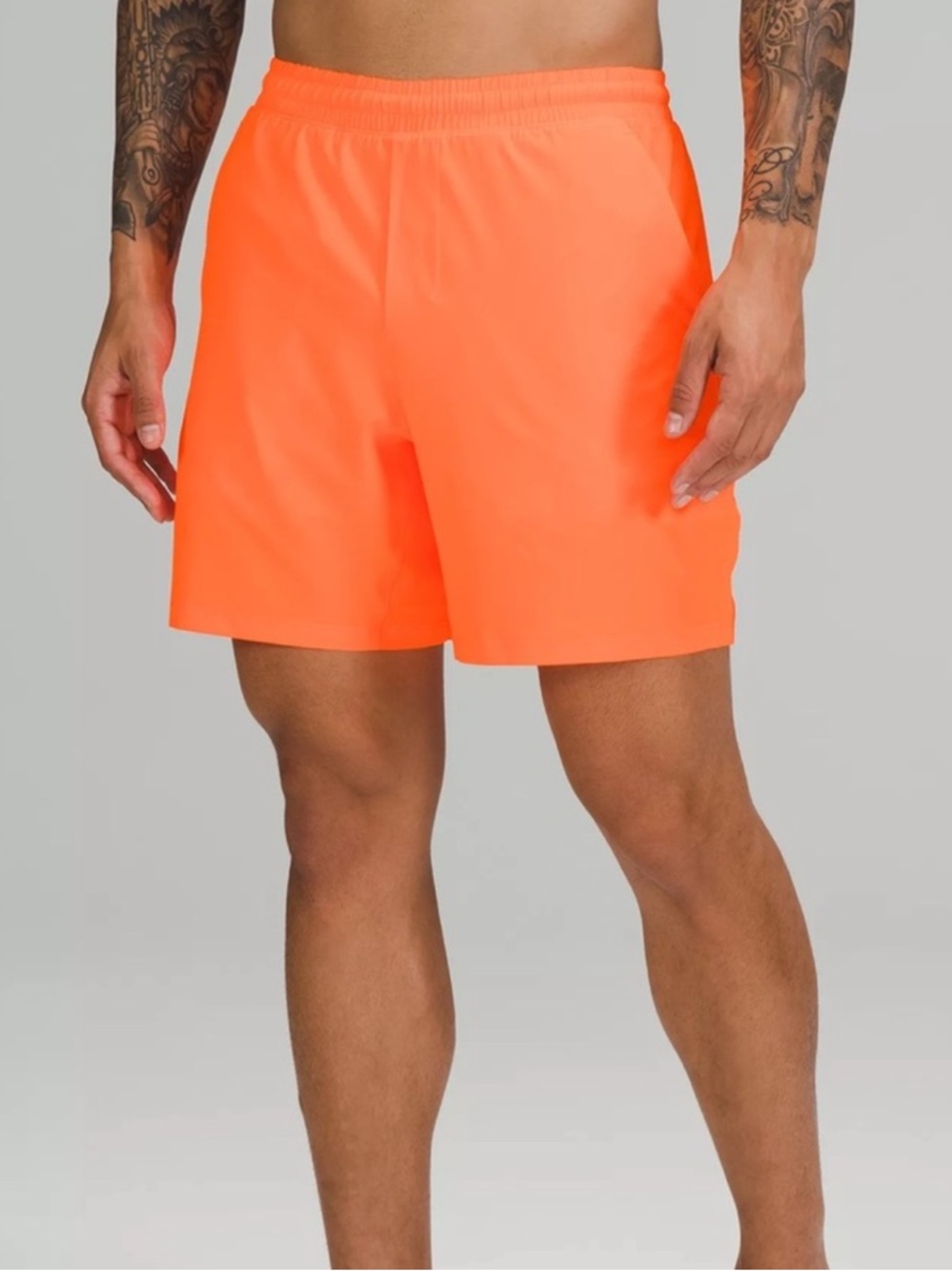 lululemon athletica Men's Neon Orange Athletic Linerless Shorts